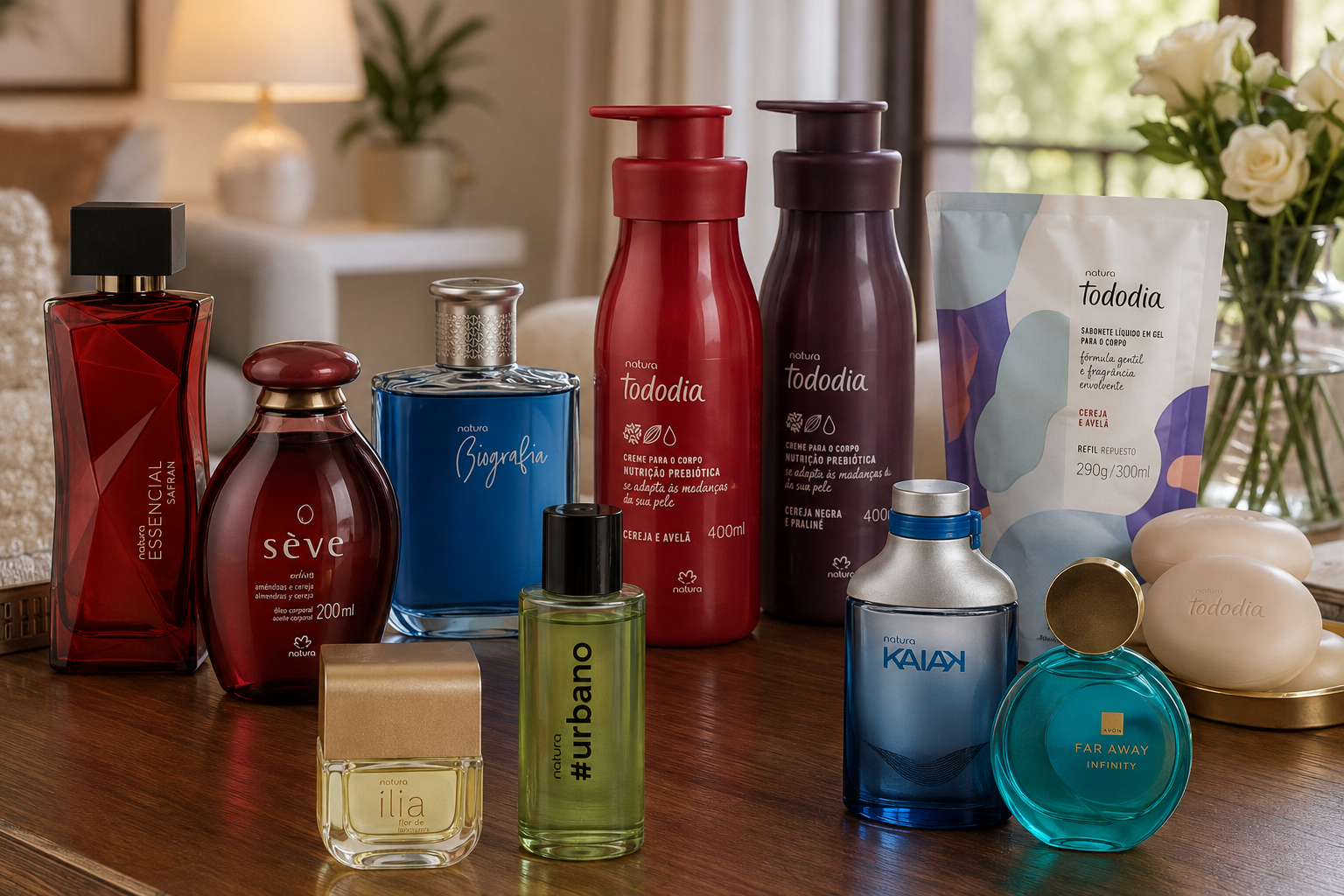 Produtos Natura e Avon organizados para bazar