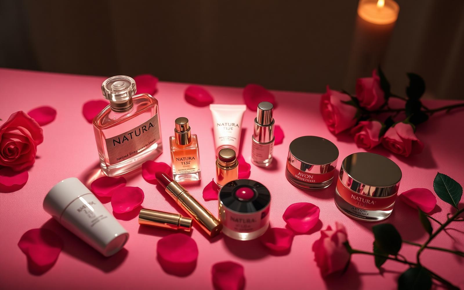 Produtos Natura e Avon organizados para bazar